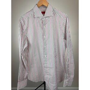 ISAIA Italian White/Brown/Dark Pink Dress Shirt 17